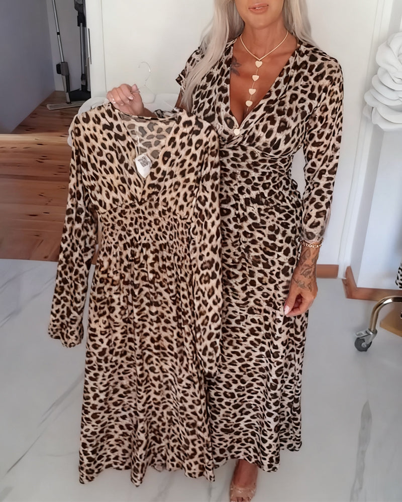 Deep V Leopard Print Waist Dress