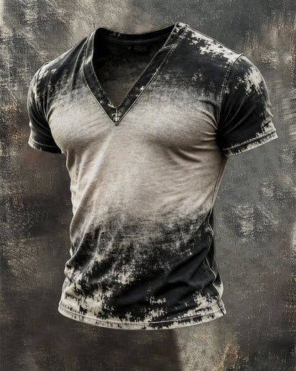 Retro Men's Top With A Used Look, Color Block Design, V-Neck And Short Sleeves