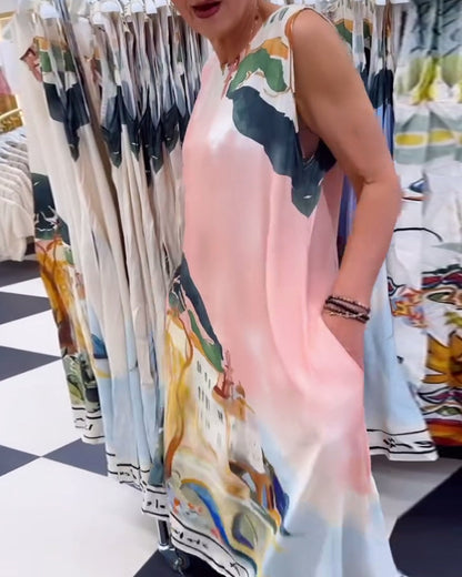Sleeveless Landscape Painting Loose Dress