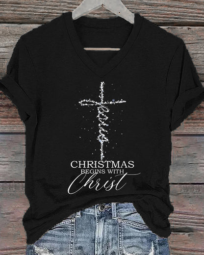 Casual V-neck letter cross print T-shirt 2024 f/w christmas spring summer t-shirts