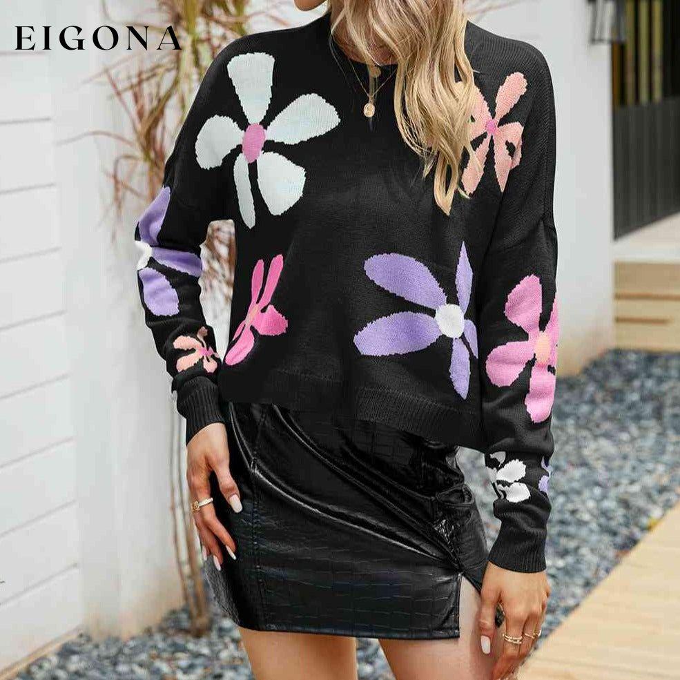 Flower Round Neck Drop Shoulder Sweater Black clothes Ship From Overseas X.X.W