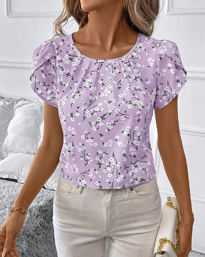 Floral Round Neck Short Sleeve Blouses