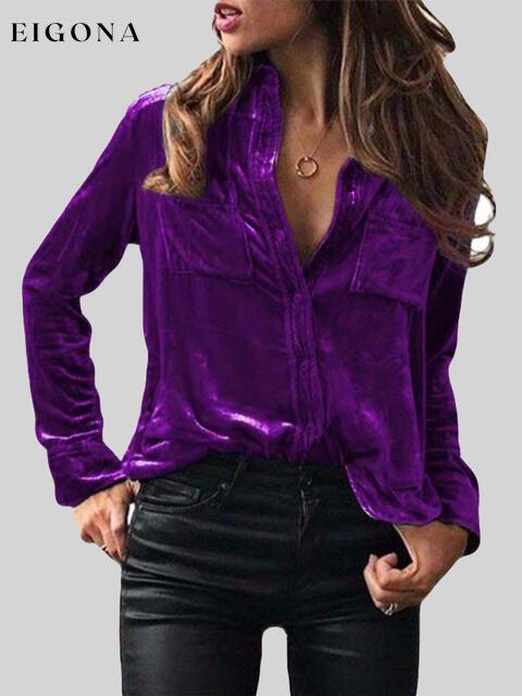 Button Up Collared Shirt with Breast Pockets Violet clothes L$O Ship From Overseas