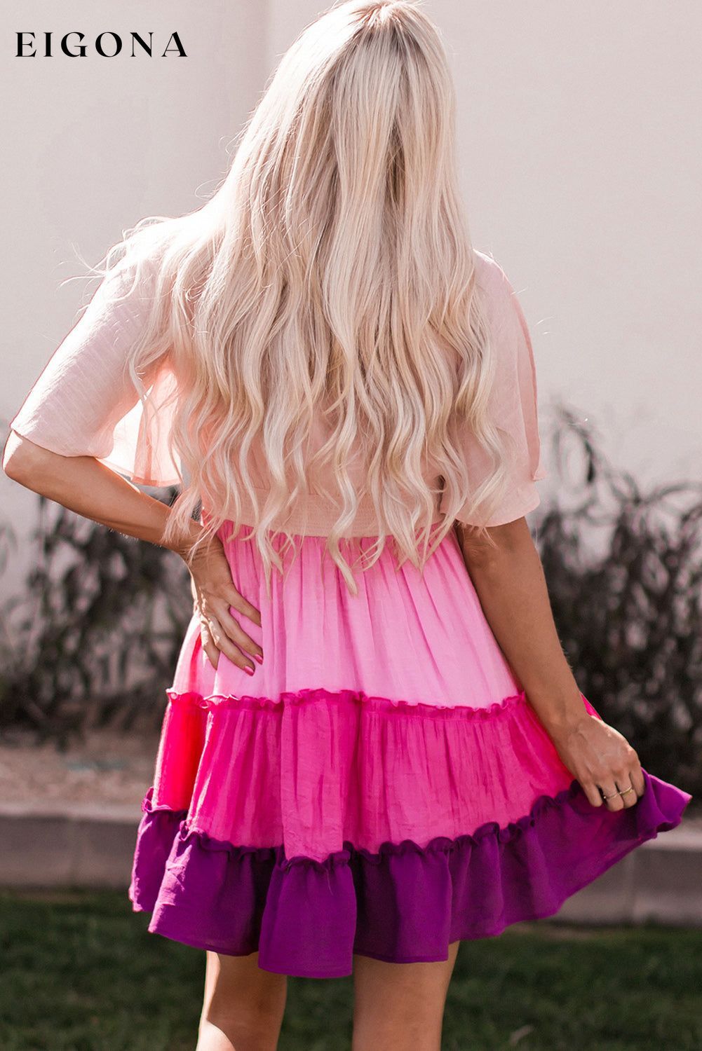 Pink Ombre Colorblock Tiered Dress All In Stock casual dress casual dresses clothes Color Pink DL Exclusive dress dresses Occasion Daily Print Color Block Season Summer short dresses Style Southern Belle