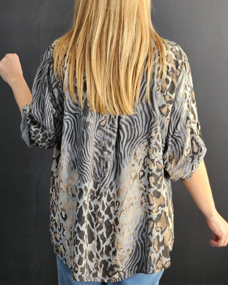 Leopard print pleated sleeve casual blouse blouses & shirts summer