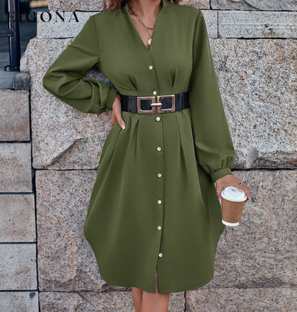 Notched Neck Long Sleeve Dress casual dresses clothes dress dresses long sleeve dress long sleeve dresses S.N Ship From Overseas short dresses trend