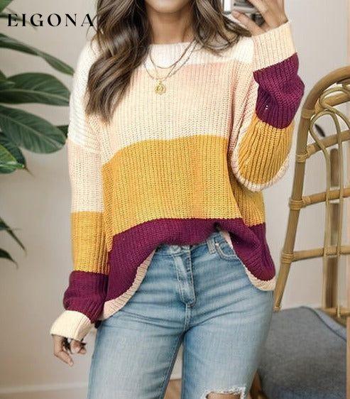 Color Block Round Neck Long Sleeve Sweater clothes Ship From Overseas SYNZ