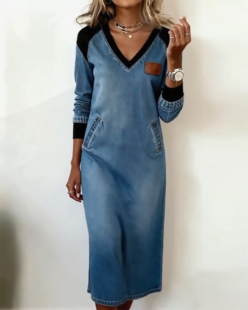 V-Neck Stitching Long-Sleeved Dress