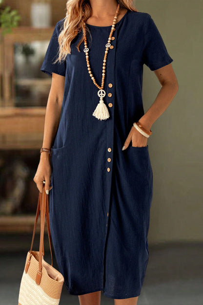 Buttoned Short Sleeve Pocket Shift Dress