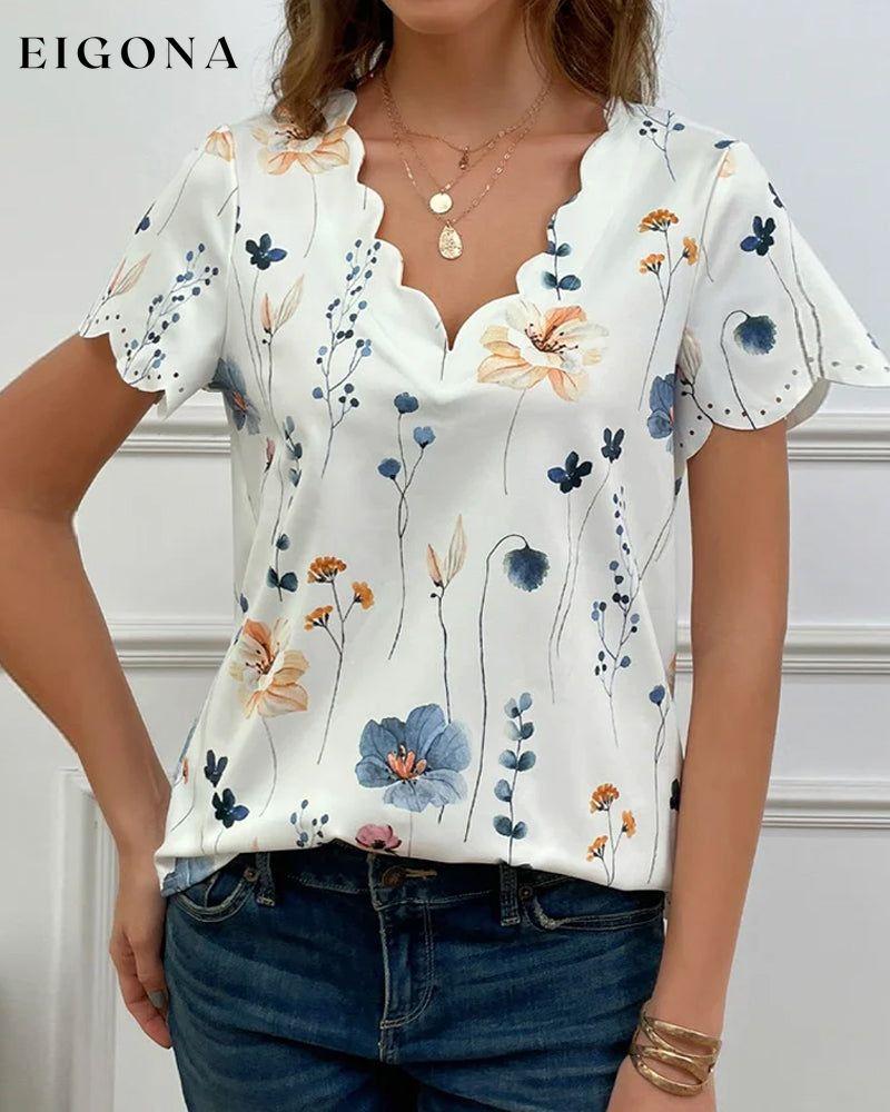 Lace v-neck floral print short-sleeved top blouses & shirts summer