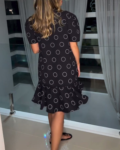 Lapel Button Circle Print Dress