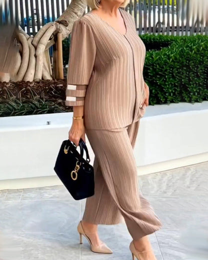 V-Neck Loose Top Wide-Leg Pants Set