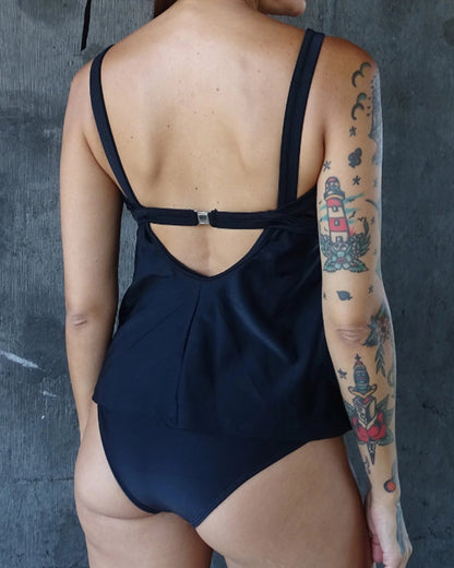 Slim Solid Color Drawstring Tankini