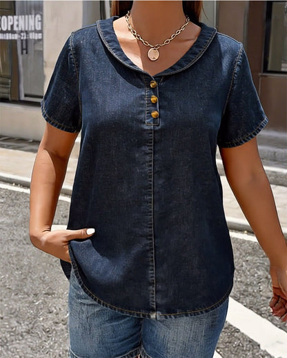 Peter Pan Collar Denim Short-Sleeved Top