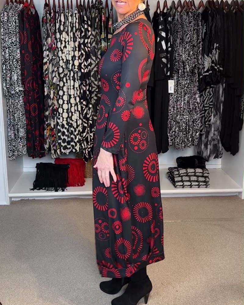 Vintage printed round neck long sleeve slit dress 2024 f/w casual dresses