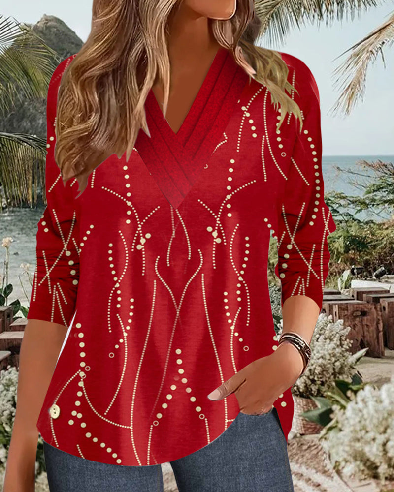 Casual V-neck printed long-sleeved T-shirt 2024 f/w blouses & shirts