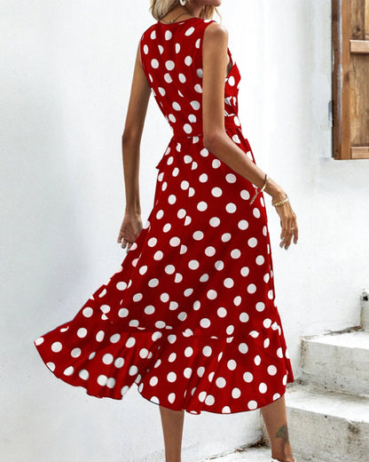 Polka dot print strappy sleeveless elegant dress casual dresses party dresses summer