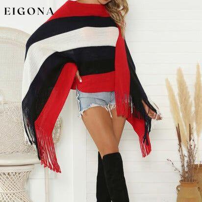 Striped Fringe Trim Poncho clothes Romantichut Ship From Overseas