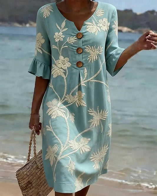 Petite V-Neck Ruffle Three-Quarter Sleeve Dress