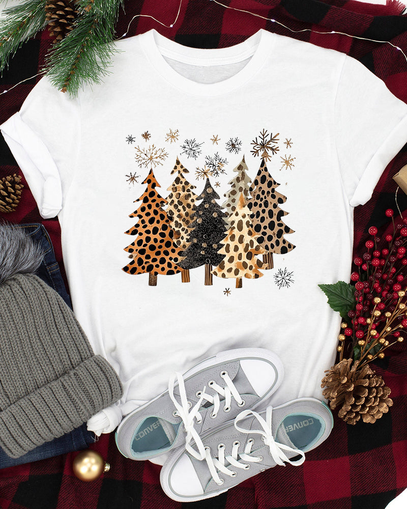 Leopard christmas tree print round neck short sleeve t-shirt 2024 f/w christmas spring summer t-shirts