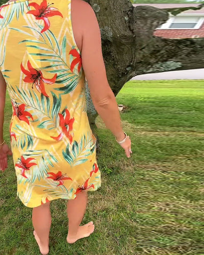 Abito dritto floreale senza maniche con scollo a V