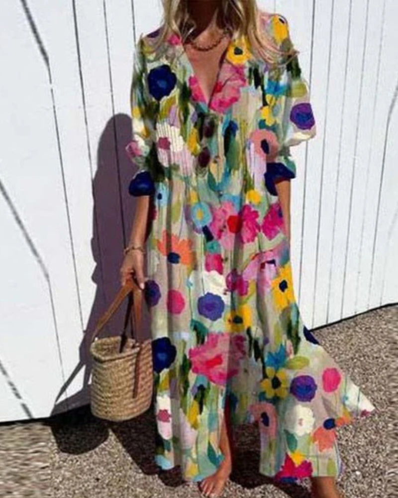 V-neck colorful printed long dress casual dresses spring summer