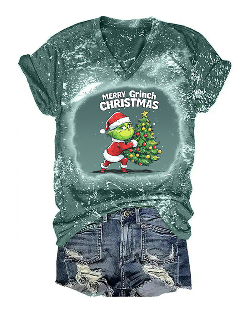 Christmas tree grinch lettering print V-neck T-shirt 2024 f/w christmas Grinch spring summer t-shirts