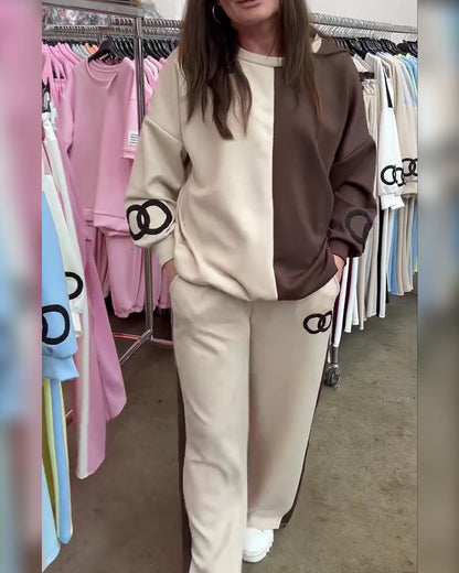 Contrast Color Casual Sweatshirt Set