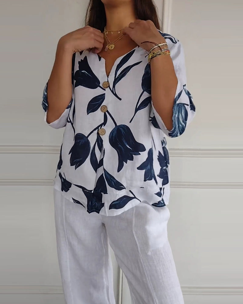 Button-Down-Oberteil aus Baumwolle und Leinen mit Blumendruck
