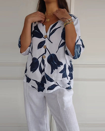 Button-Down-Oberteil aus Baumwolle und Leinen mit Blumendruck