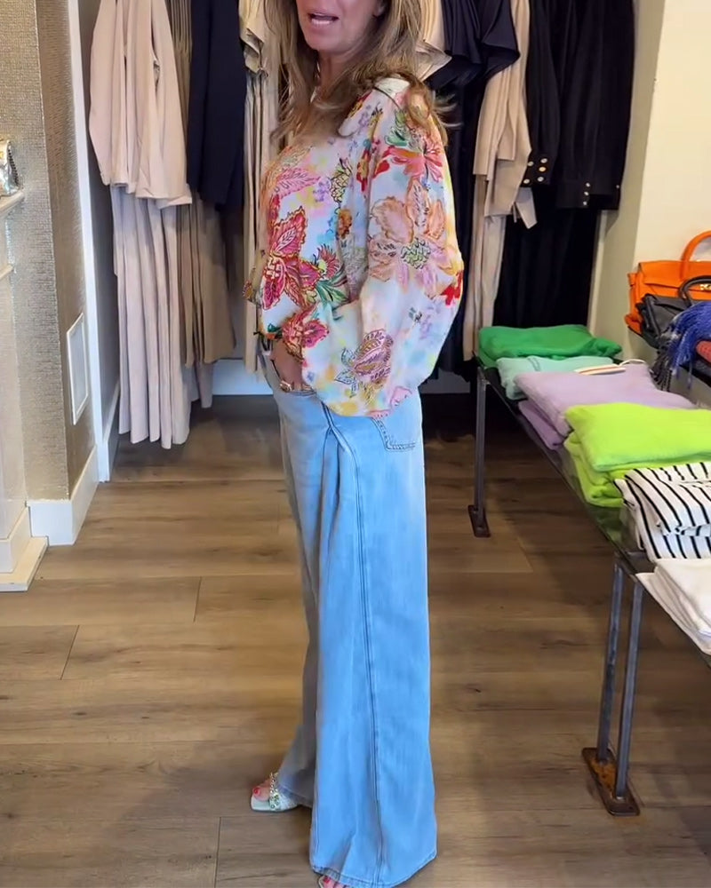 Bluse mit V-Ausschnitt und buntem Blumendruck