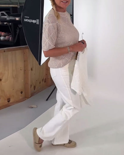 Round Neck Solid Color Hollow Pullover