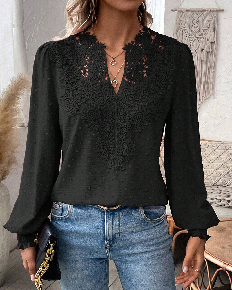 V-Neck Lace Jacquard Blouse 2024 f/w blouses & shirts