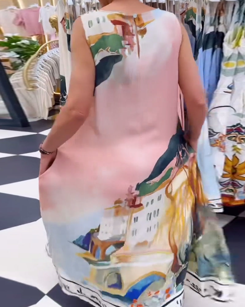 Sleeveless Landscape Painting Loose Dress