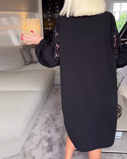 Elegant V-neck lace hollow long sleeve dress