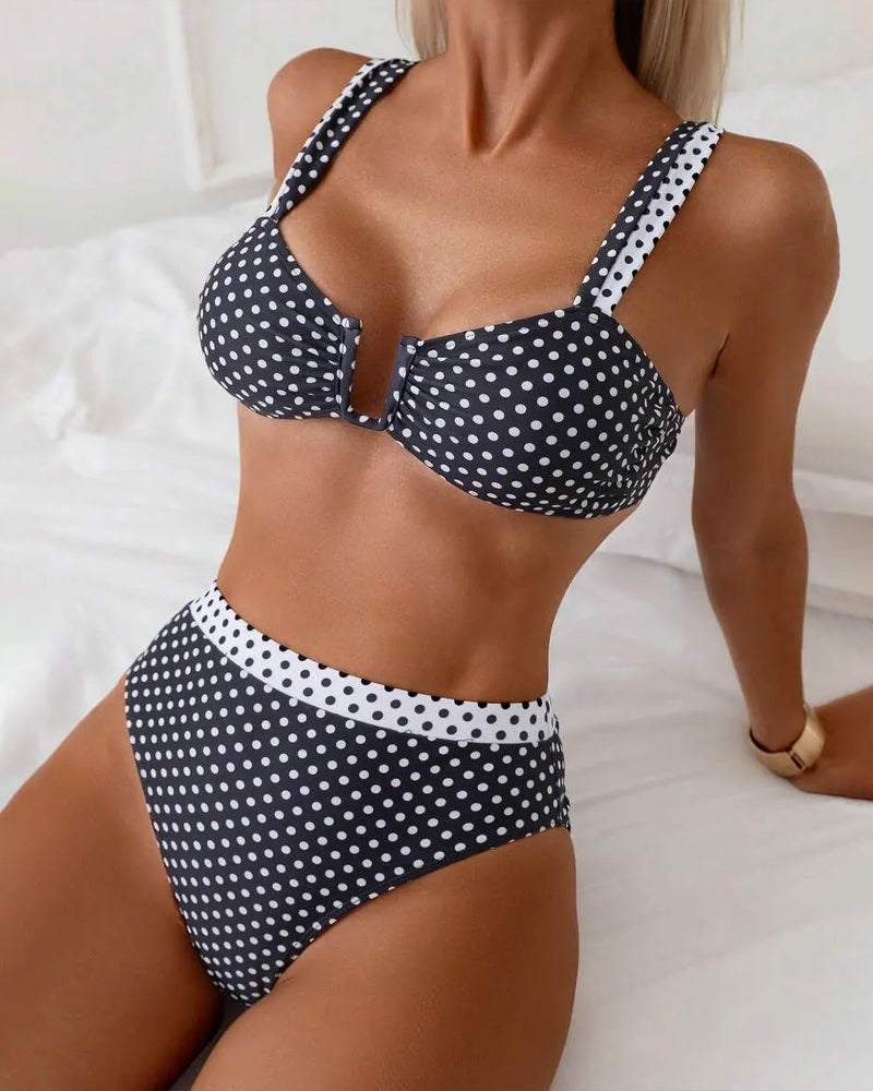Polka-Dot High-Waist Metal Buckle Split Bikini