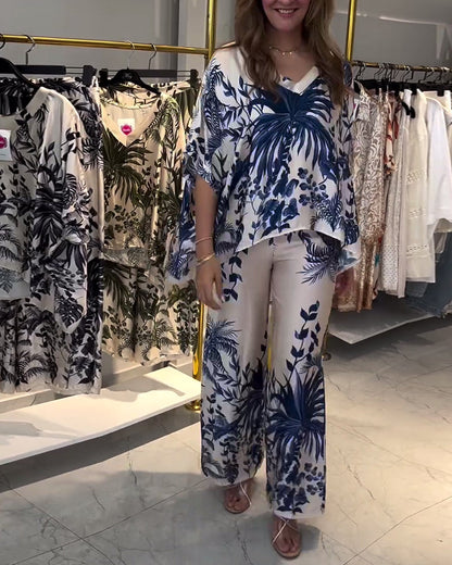 Leaf print V-neck three-quarter sleeve blouse and pants set spring summer two-piece sets