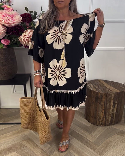 Half-Sleeve Tie Oversized Printed Dress