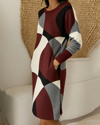 Color-Blocked Fashionable Round Neck Dress