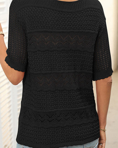 Women's Round Neck Hollow Knit Crochet Short Sleeve Sweater