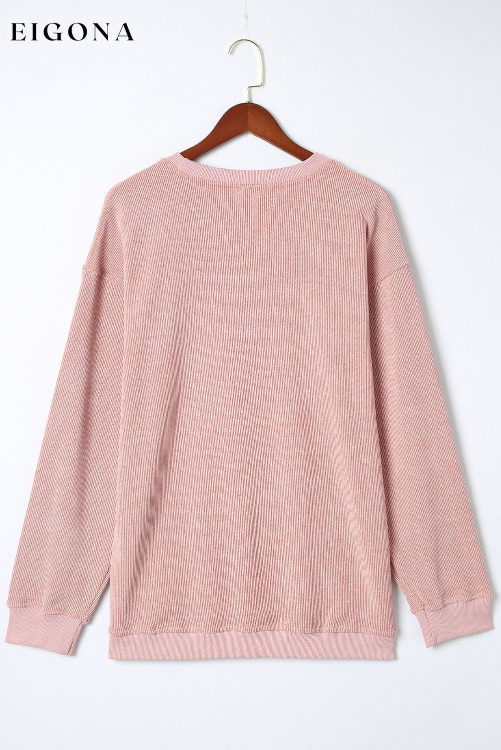 Pink Solid Ribbed Knit Round Neck Pullover Sweatshirt All In Stock Best Sellers clothes Color Pink Fabric Corduroy Hot picks long sleeve shirt Occasion Daily Print Solid Color Season Fall & Autumn shirts Style Casual Sweater sweaters tops