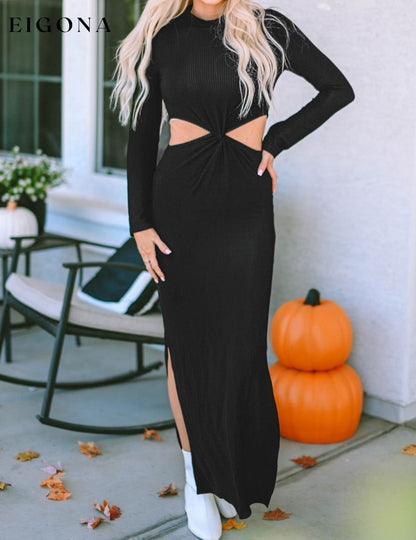 Black Ribbed Twist Cutout Long Sleeve Dress Black 65%Polyester+30%Viscose+5%Elastane All In Stock clothes Detail Cut Out dresses Hot picks long sleeve dresses maxi dress Occasion Daily Season Fall & Autumn Silhouette Bodycon Style Southern Belle