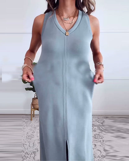 V-Neck Sleeveless Fitted Dress