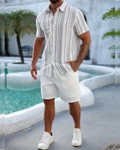 Men's Lapel Striped Button-Front Short Sleeve Shirt
