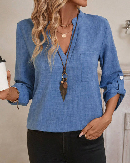 V-Neck Solid Color Long Sleeve Pocket Shirt