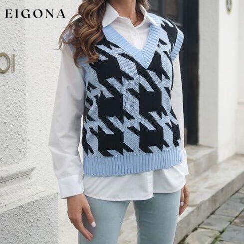 Houndstooth V-Neck Sweater Vest Misty Blue B&S clothes Ship From Overseas