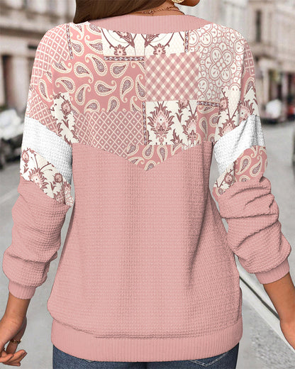 Waffle Floral Print V-Neck Sweatshirt