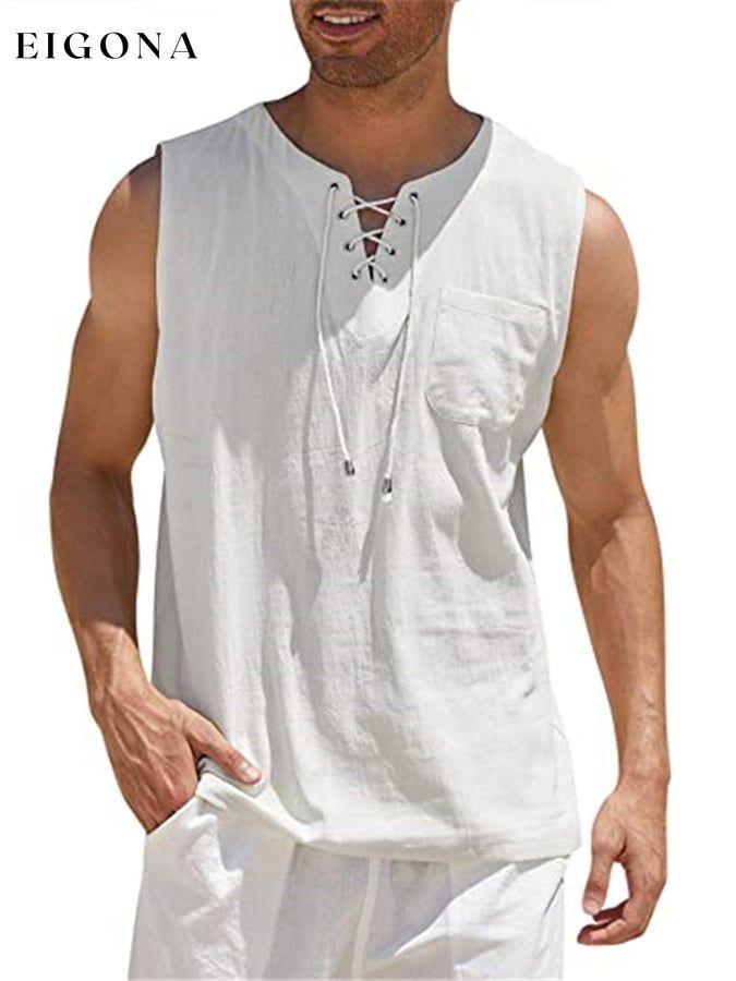 Men's Casual Cotton Linen Solid Color Hooded Lace Up Vest men s linens