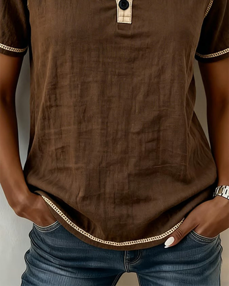 Color Block Topstitch Henley Neck Short Sleeve Blouse