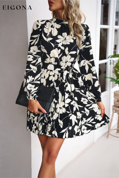 Floral Mock Neck Tie Waist Pleated Dress Black clothes dress dresses DY Ship From Overseas trend